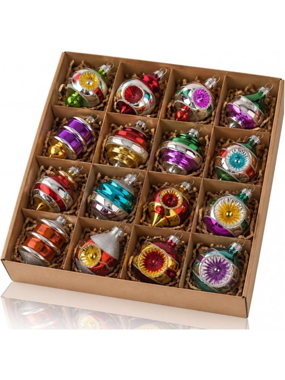 16 Vintage Glass Christmas Ornaments Set - Classic Reflector Holiday Decor